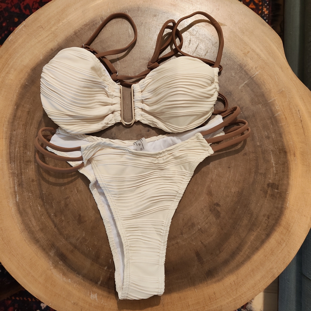 Ruched Cream Bikini Set with Brown Straps - Picture 3 of 3